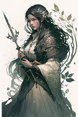 Beautiful girl with a sword in her hands. Fantasy illustration.の素材