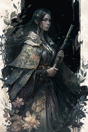 Digital painting of a gothic warrior with a sword in her handの素材