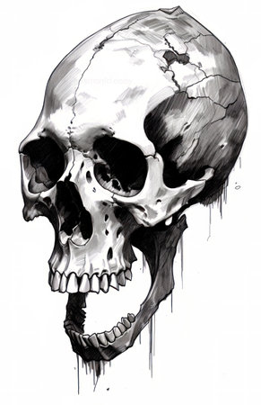 Skull. Ink and watercolor illustration. Black and white.の素材