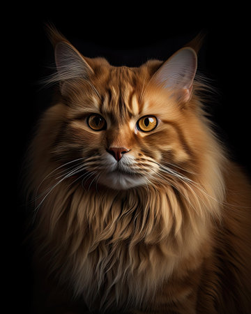 Portrait of a beautiful Maine Coon cat, isolated on black backgroundの素材