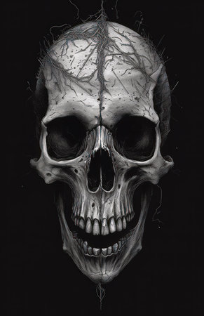 Human skull with veins on black background. 3d render. Halloween concept.の素材