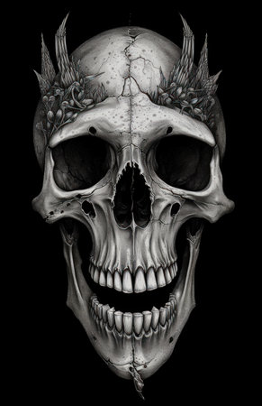 Human skull with dragon tattoo on black background. 3D illustration.の素材