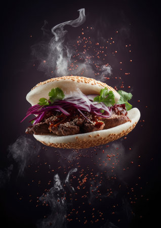 Burger with meat and vegetables on a black background with smoke.の素材