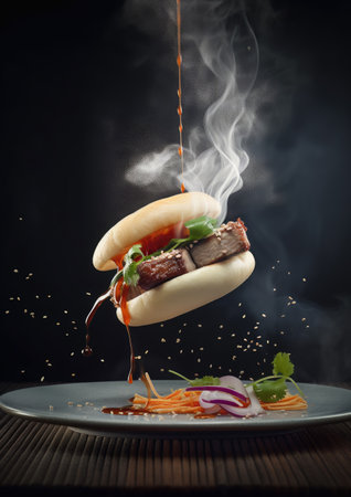 Delicious hot dog with meat and vegetables on a dark background.の素材