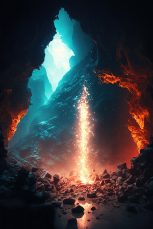 Dangerous cave with glowing light. 3d illustration. Fantasy.の素材