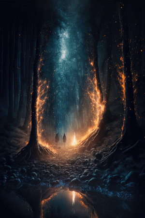 Mysterious dark forest with glowing lights and fog. Halloween backgroundの素材