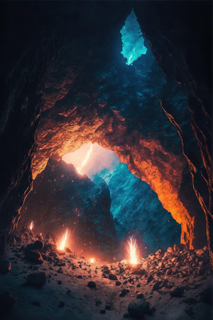 Dangerous cave with glowing fire inside. 3D Renderingの素材