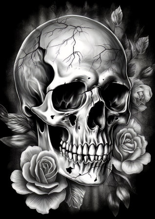 Skull and rose flower, digital painting, black and white imageの素材