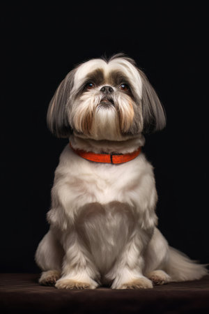 Shih Tzu in front of a black background, studio shotの素材