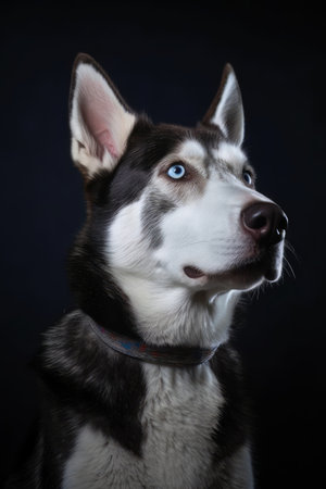 Portrait of siberian husky with blue eyes on black backgroundの素材