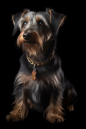 Silky Terrier on a black background in front of a black backgroundの素材