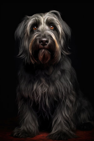 Studio portrait of a Skye Terrier dog on a black background.の素材