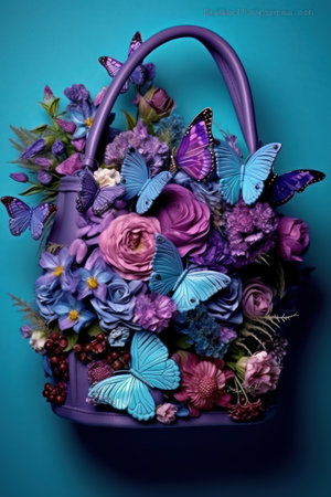 Bouquet of colorful flowers in a basket on a blue backgroundの素材