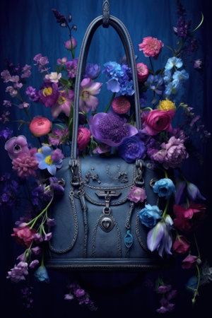 Handbag and flowers on a dark blue background. Toned.の素材