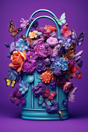 A bouquet of colourful flowers in a blue bag on a purple backgroundの素材