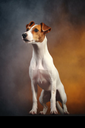 Smooth Fox Terrier on a dark background with smoke.の素材