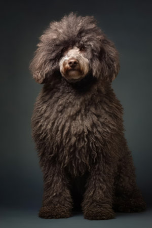 Studio photography of a Spanish Water Dog on dark grey backgroundの素材