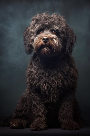 Portrait of a Spanish Water Dog sitting on a dark background.の素材