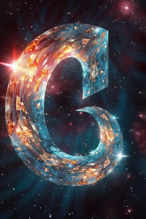 The letter G of the alphabet is in space. 3D rendering.の素材