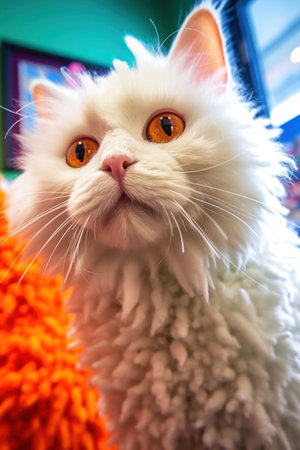 White persian cat with orange eyes in a pet shop. Selective focus.の素材