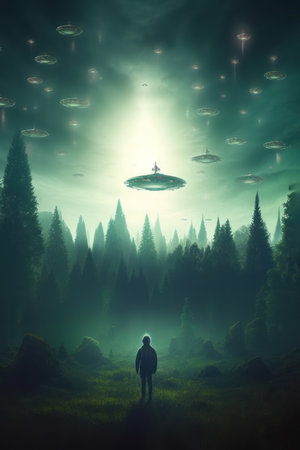 Man standing on the edge of a foggy forest with a flying saucerの素材