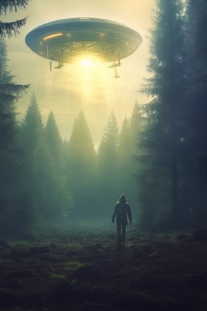 Alien in the foggy forest with flying saucer on the backgroundの素材