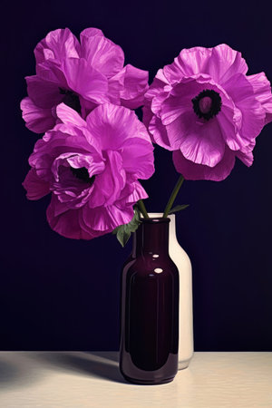 Purple anemones in a vase on a dark backgroundの素材