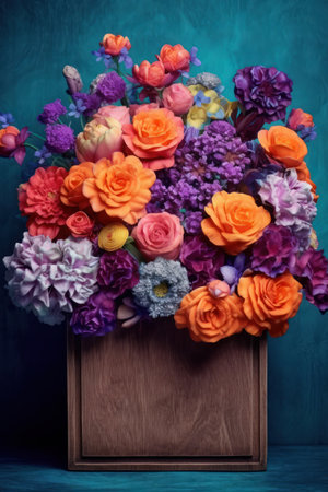 Bouquet of colorful flowers in a wooden box on a blue backgroundの素材