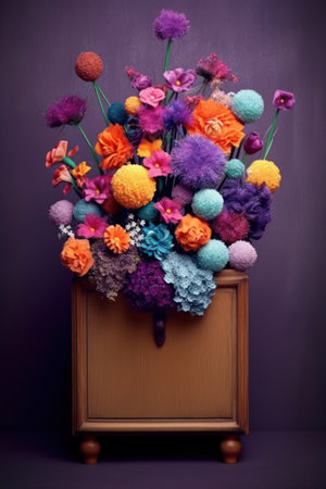 Colorful artificial flowers bouquet in wooden box on dark background.の素材