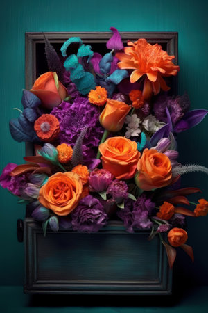 Beautiful bouquet of flowers in a wooden box. Toned.の素材