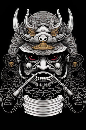Samurai warrior skull mask with horns and smoking pipe on black background. Vector illustration.の素材