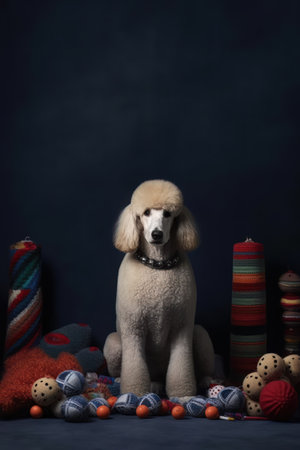 Poodle with Easter eggs on a dark background in a studio.の素材