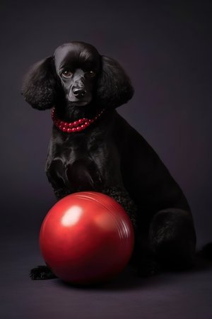Studio portrait of a black poodle with a red ball.の素材