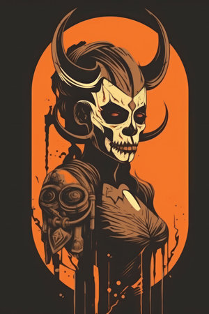 Vector illustration of a skull with horns and a cigarette in his handの素材