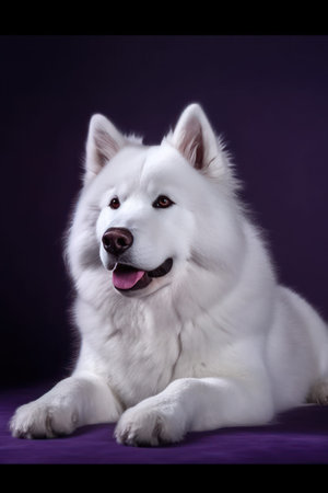 White Samoyed dog on a purple background. Studio shot.の素材