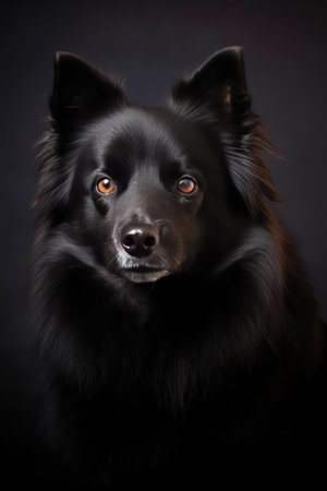 Studio portrait of a purebred Schipperke dog on black backgroundの素材