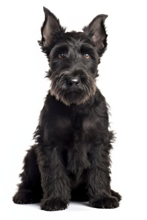 Scottish terrier sitting in front of a white backgroundの素材