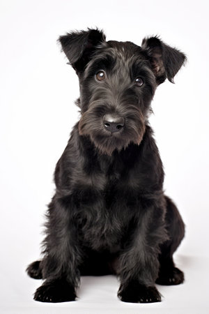 Black Scottish terrier puppy sitting on white background in studioの素材