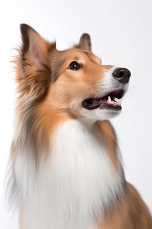 Portrait of a purebred Shetland Sheepdog on a white backgroundの素材