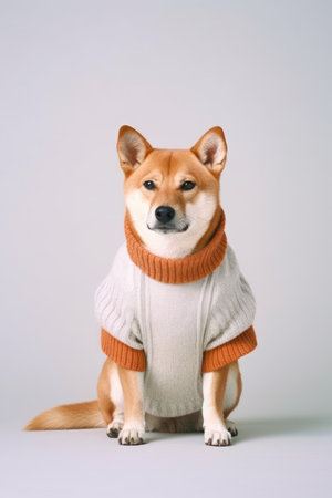 Shiba inu wearing a warm sweater and scarf. Studio shot.の素材