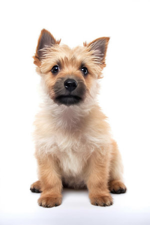 portrait of a cute Norwich Terrier dog in front of white backgroundの素材