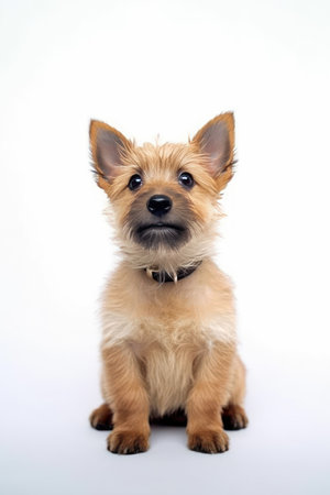 Cute Norwich Terrier puppy sitting on white background. Studio shot.の素材