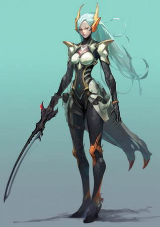 Fantasy illustration of a female elf warrior with a sword in her handsの素材