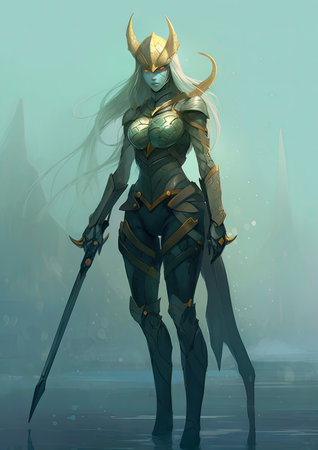 3D rendering of a female elf warrior with a sword in her handsの素材