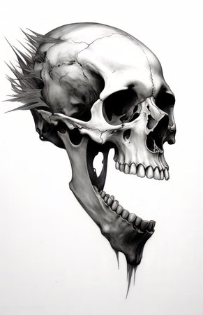 Skull on a white background. The skull is black and white.の素材