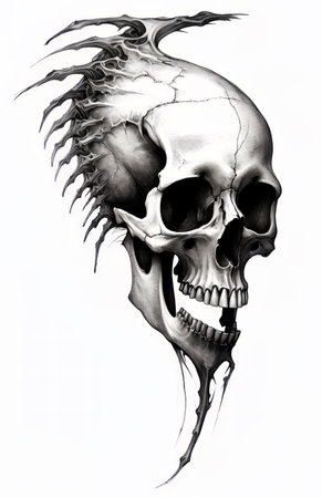 Skull tattoo art design on white background. Hand drawn illustration.の素材