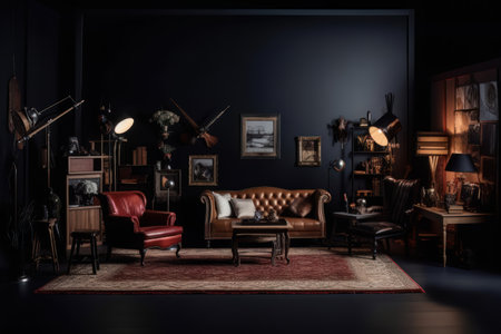 Interior of living room with armchairs and vintage furniture. 3d renderの素材