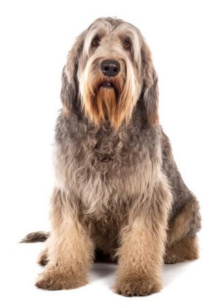 portrait of a young purebred Otterhound in front of white backgroundの素材