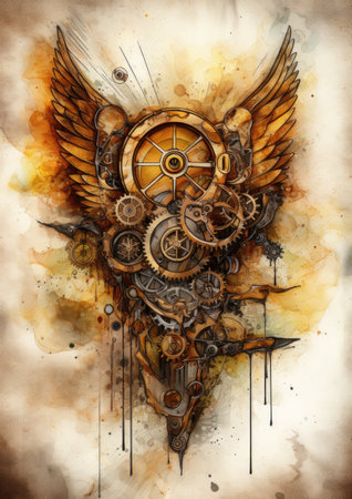 Grunge background with wings, gears and cogs. Hand-drawn illustration.の素材