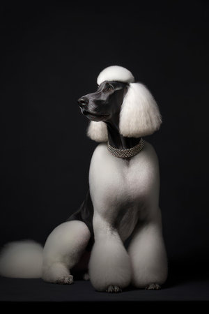 Black and white poodle dog on black background. Studio shot.の素材